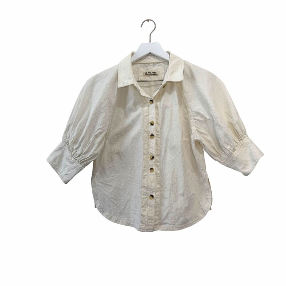 Free People White Puff Sleeve Button Front Cotton Blouse Top  Size X-Small